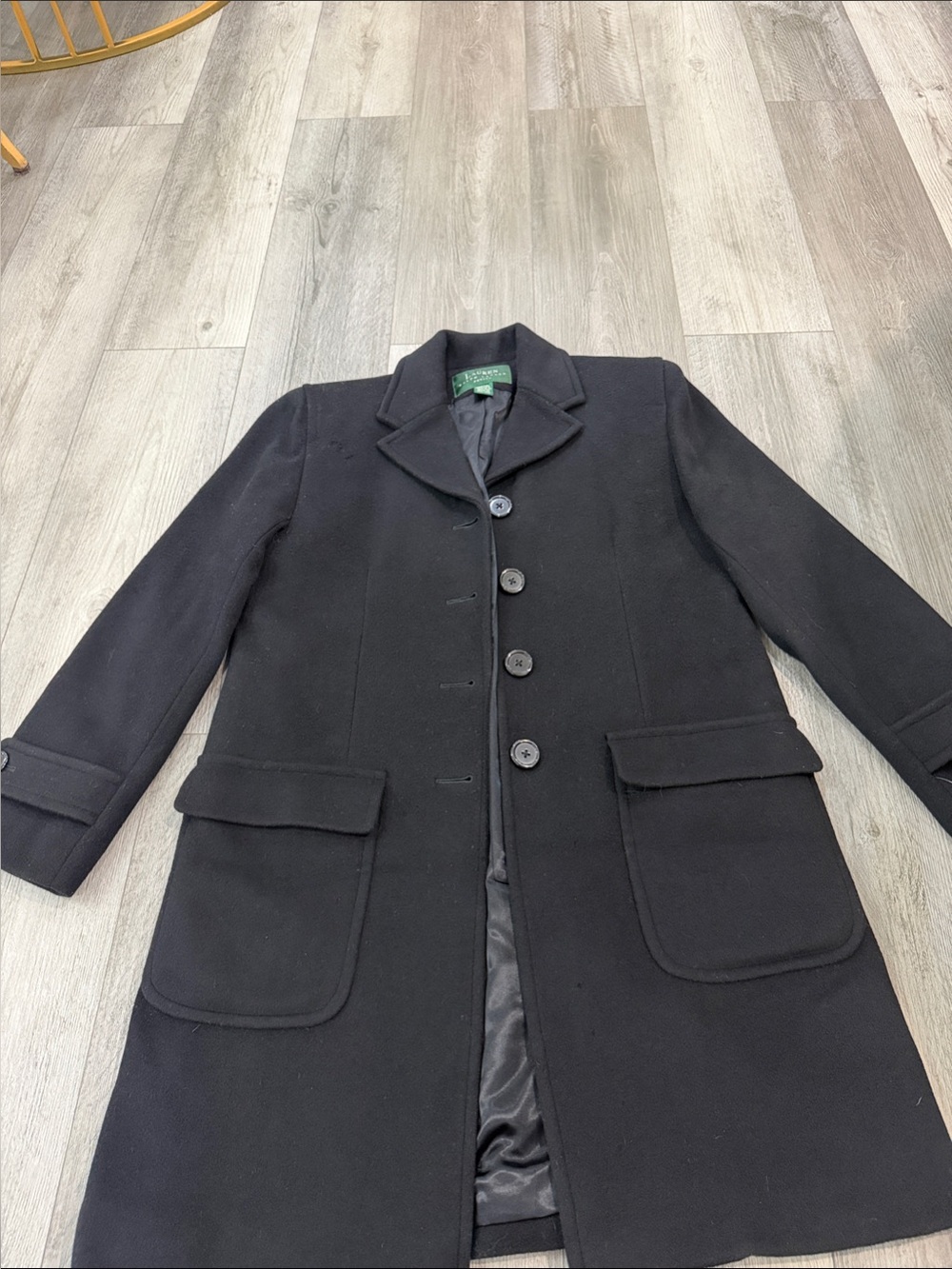 Lauren Ralph Lauren Black Wool Pea Coat with Flap Pockets